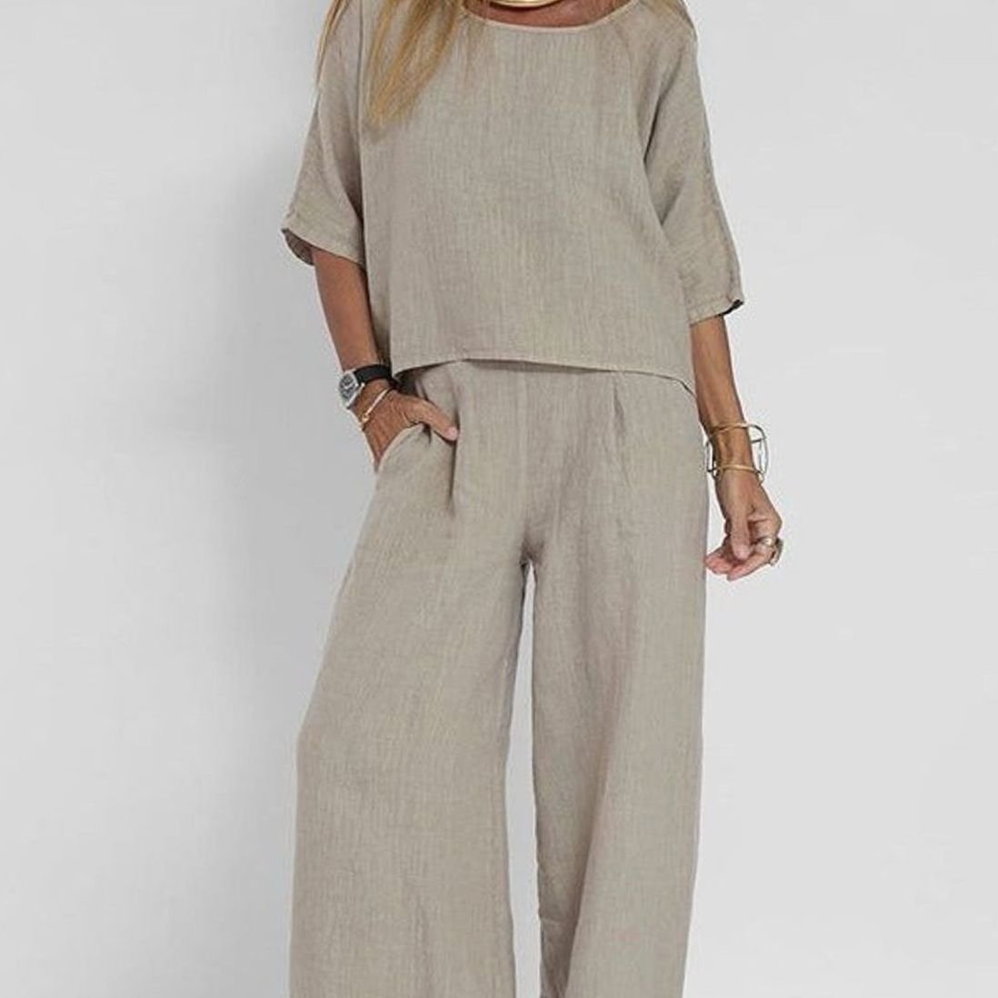 Women's Loose Fit Linen-Look Short Sleeve Matching Outfit Set - Light Gray