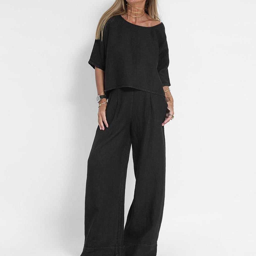 Women's Loose Fit Linen-Look Short Sleeve Matching Outfit Set - Black