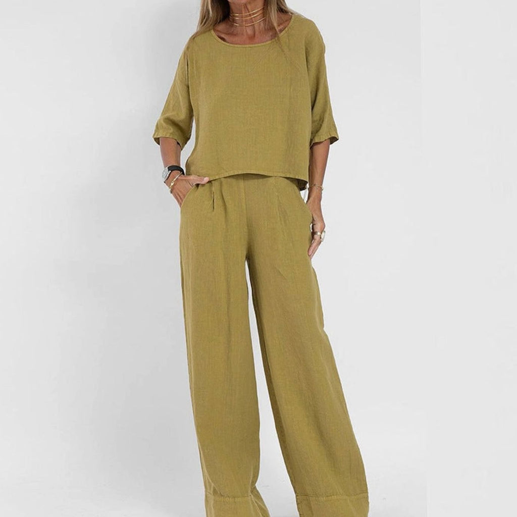 Women's Loose Fit Linen-Look Short Sleeve Matching Outfit Set - Yellow