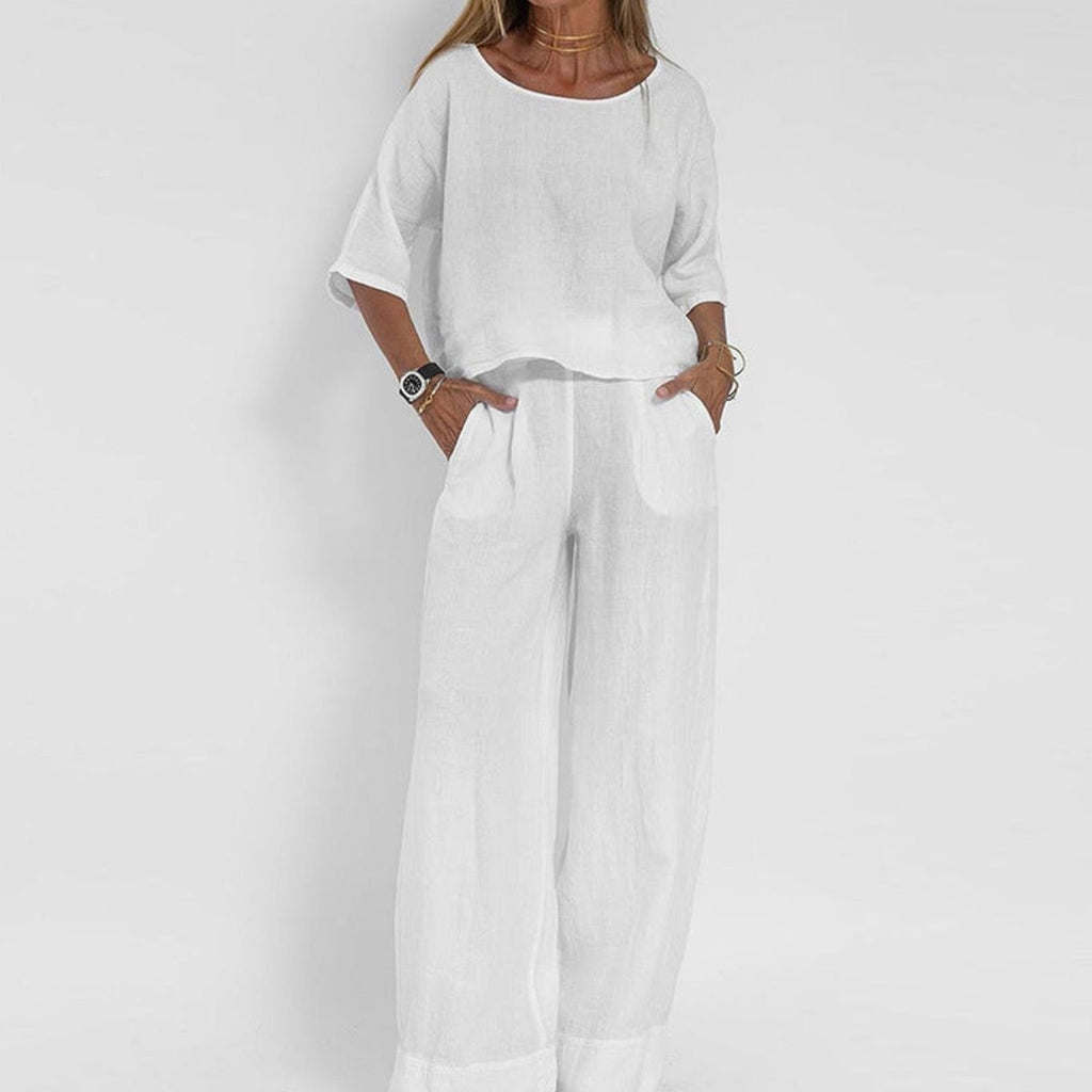 Women's Loose Fit Linen-Look Short Sleeve Matching Outfit Set - White