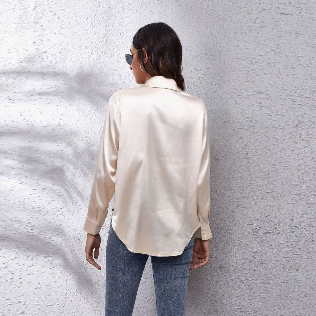 Women's Loose-Fit Long-Sleeve Button-Down Satin Blouses