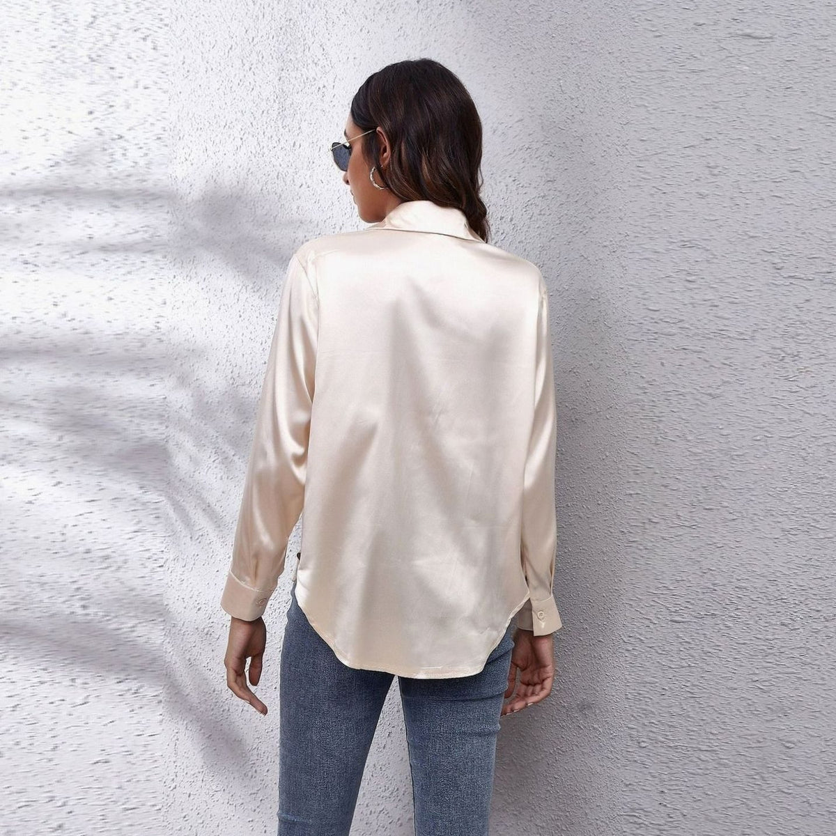 Women's Loose-Fit Long-Sleeve Button-Down Satin Blouses