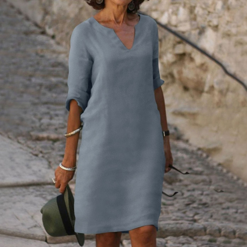 Women's Loose-Fit V-Neck 3/4 Sleeve Casual Midi Dress - Gray