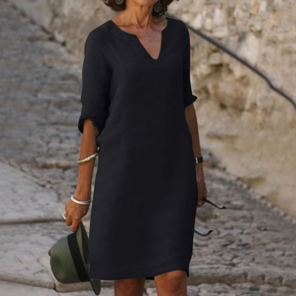 Women's Loose-Fit V-Neck 3/4 Sleeve Casual Midi Dress - Black