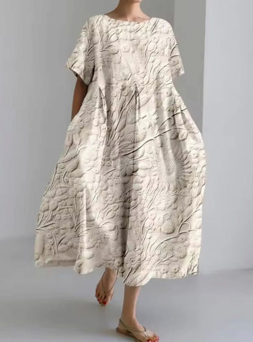 Women's Loose Floral Applique Round Neck Maxi Dress - Floral Beige