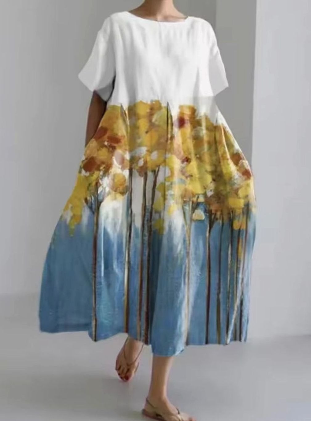 Women's Loose Floral Applique Round Neck Maxi Dress - Multicolor 1