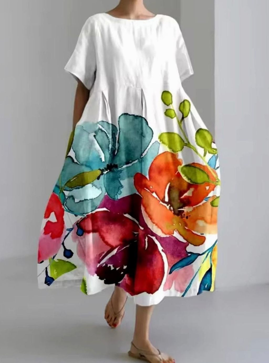 Women's Loose Floral Applique Round Neck Maxi Dress - Multicolor 2