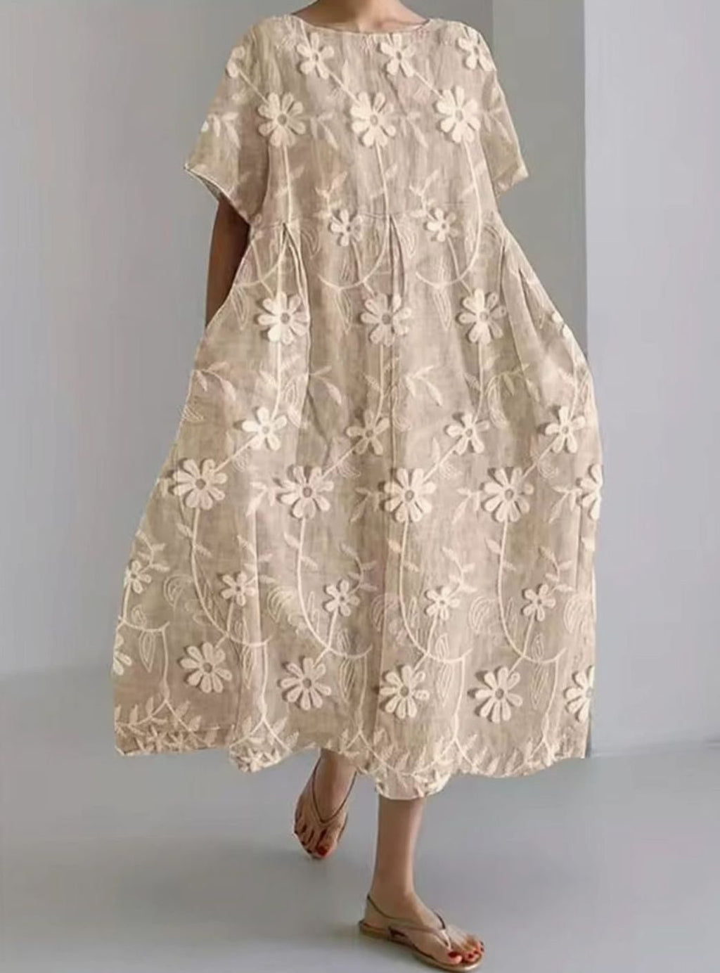 Women's Loose Floral Applique Round Neck Maxi Dress - Floral Khaki