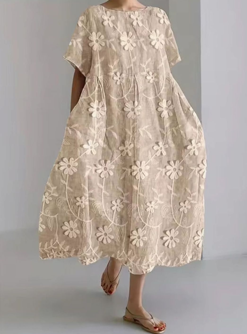 Women's Loose Floral Applique Round Neck Maxi Dress - Floral Khaki