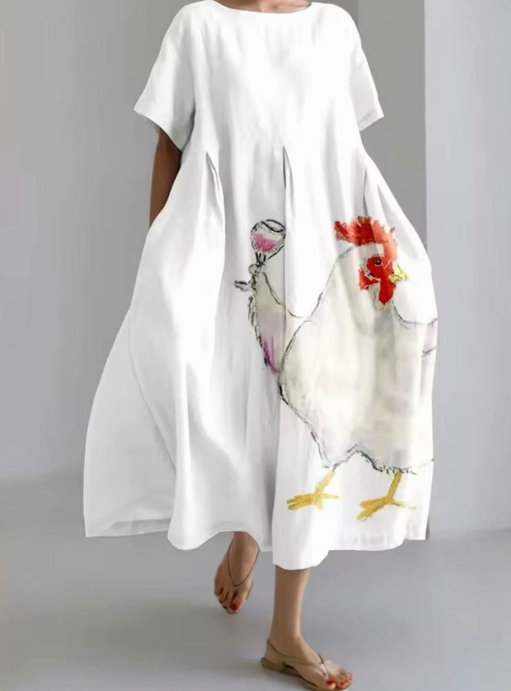 Women's Loose Floral Applique Round Neck Maxi Dress - Printed White