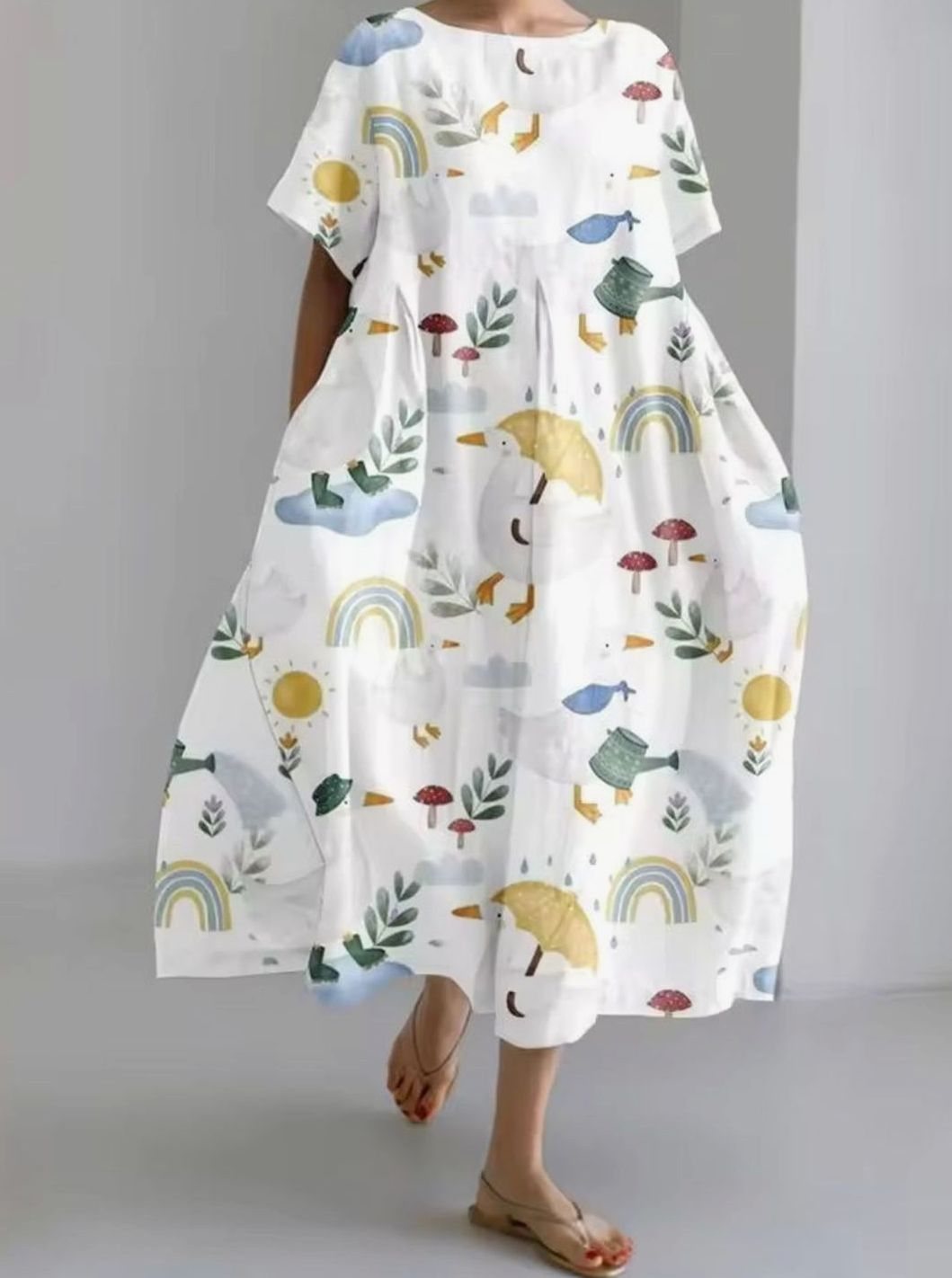 Women's Loose Floral Applique Round Neck Maxi Dress - Multi Print