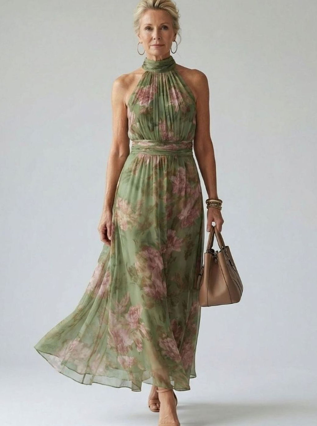 Women's Luxe Gathered Halter Maxi Floral Chiffon Dress - Sage Green