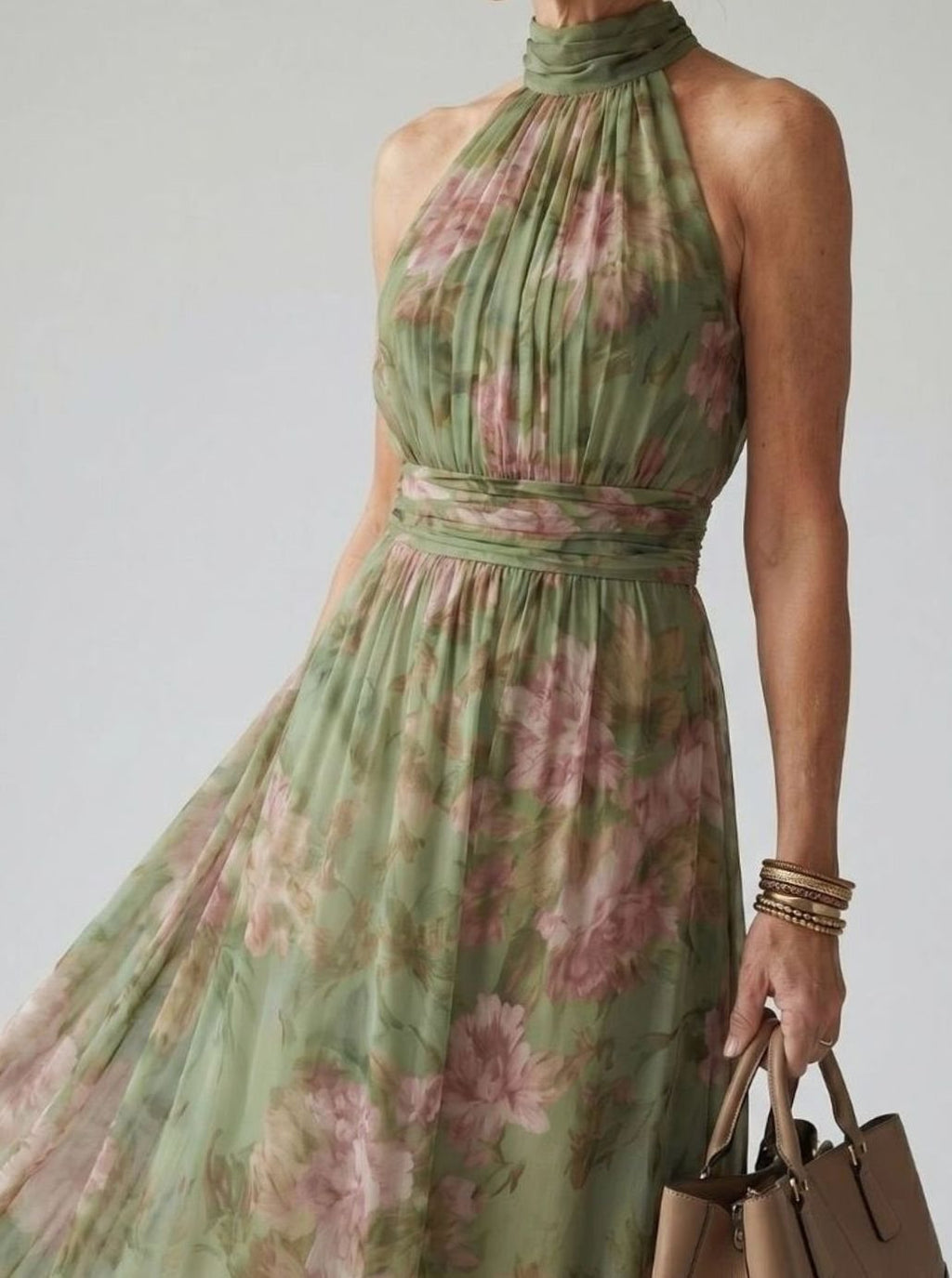 Women's Luxe Gathered Halter Maxi Floral Chiffon Dress