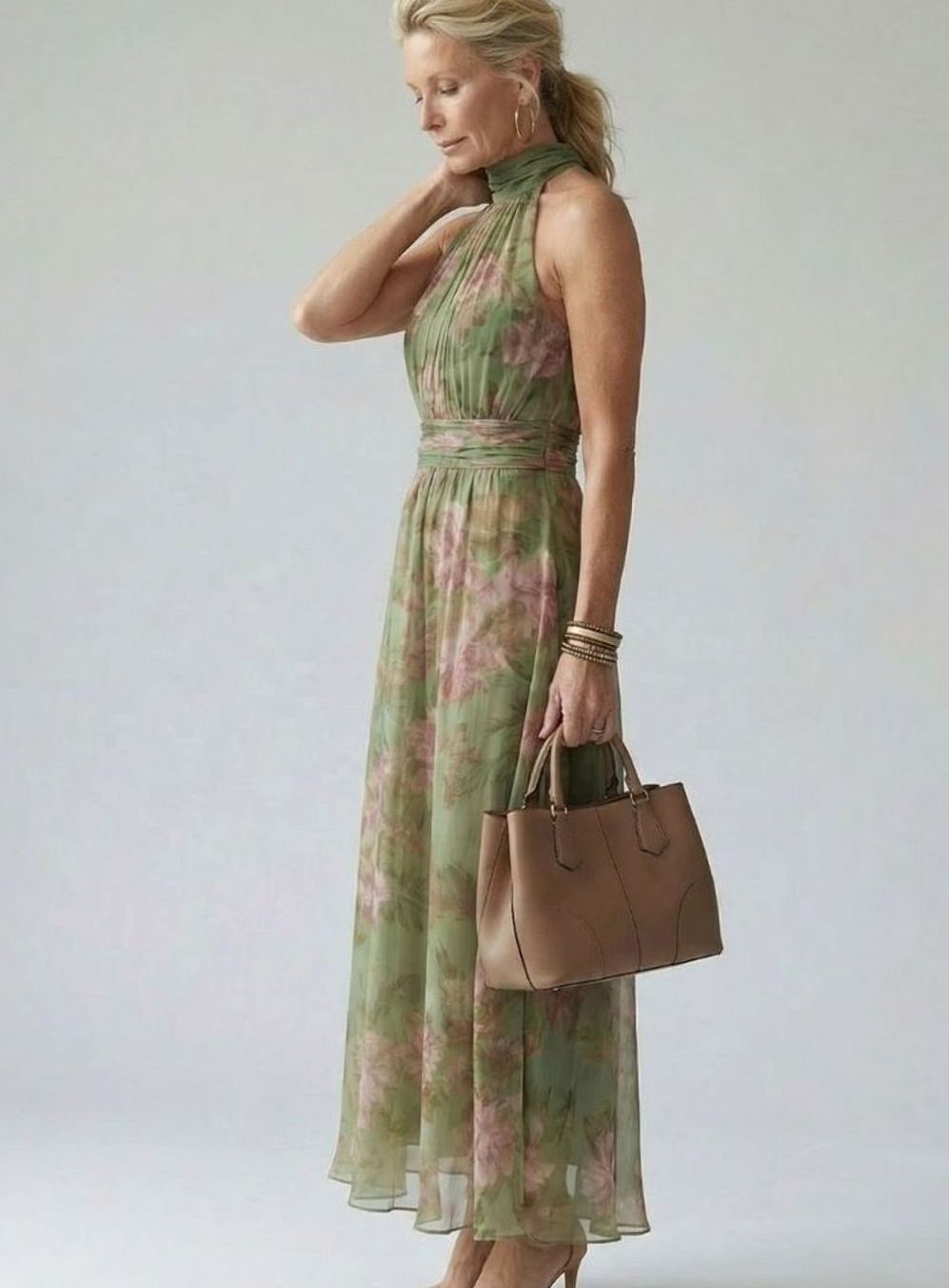 Women's Luxe Gathered Halter Maxi Floral Chiffon Dress