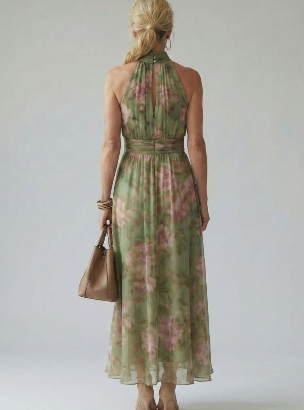 Women's Luxe Gathered Halter Maxi Floral Chiffon Dress