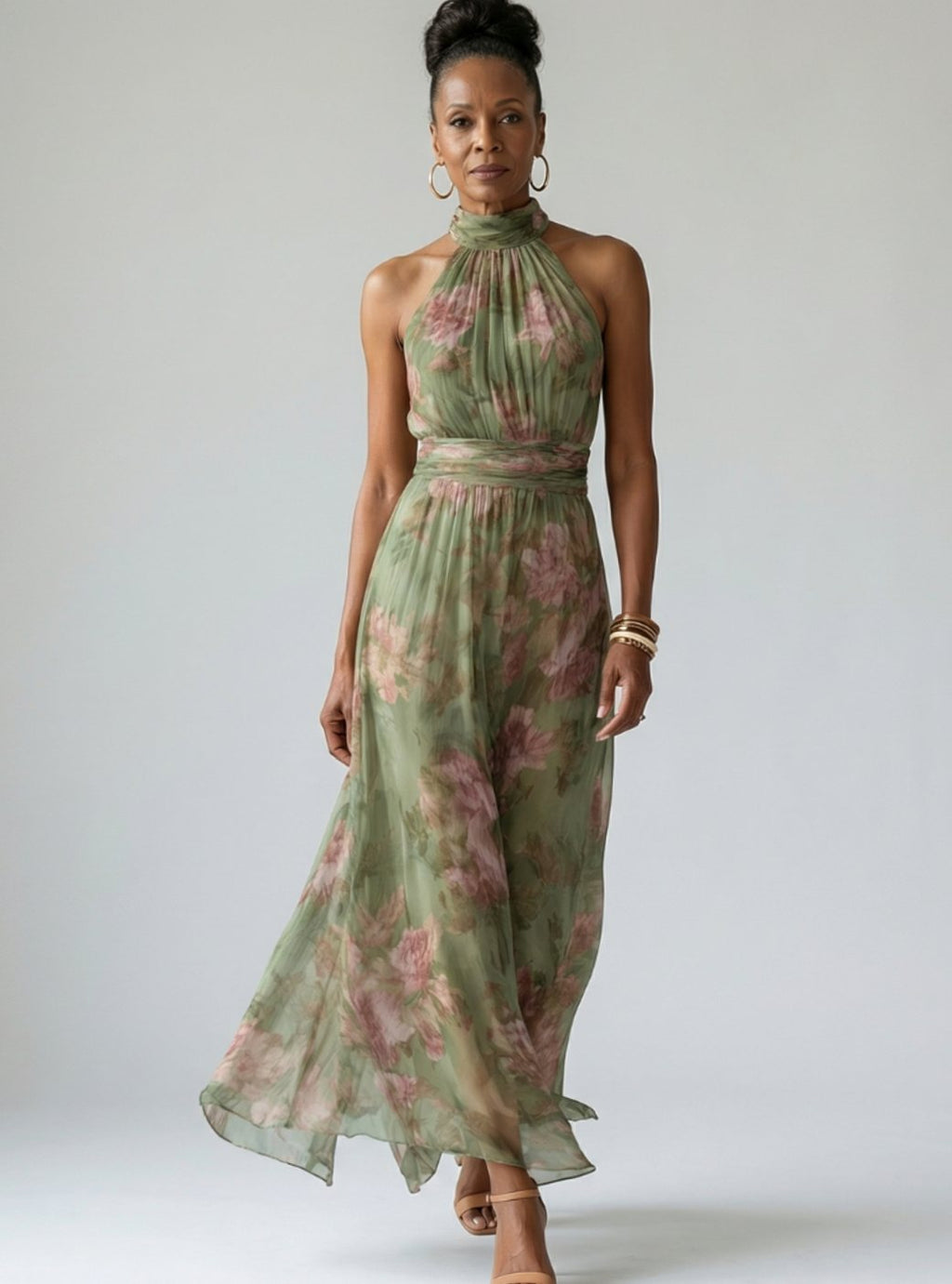 Women's Luxe Gathered Halter Maxi Floral Chiffon Dress