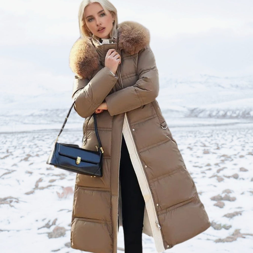 Women's Luxury Fur-Hood Long Puffer Winter Parka - Brown