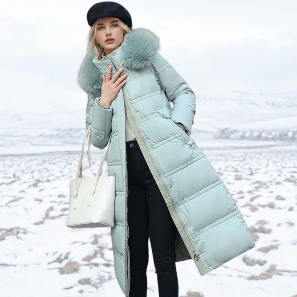 Women's Luxury Fur-Hood Long Puffer Winter Parka - Blue