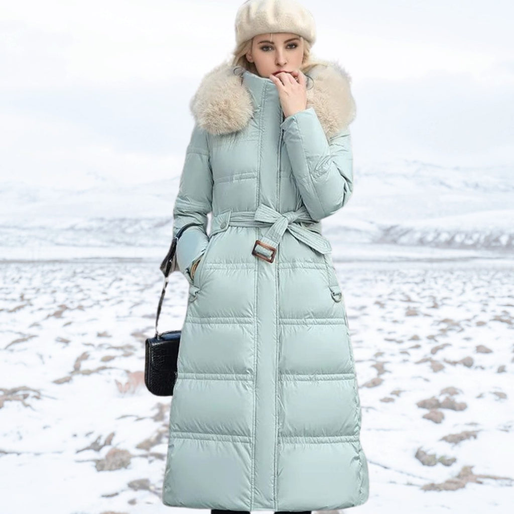 Women's Luxury Fur-Hood Long Puffer Winter Parka - Blue and White