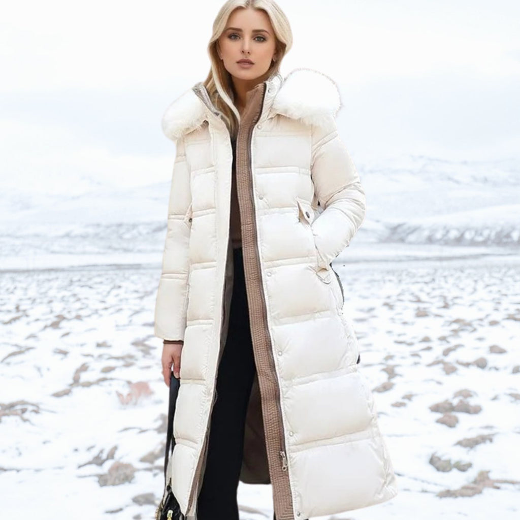 Women's Luxury Fur-Hood Long Puffer Winter Parka - White