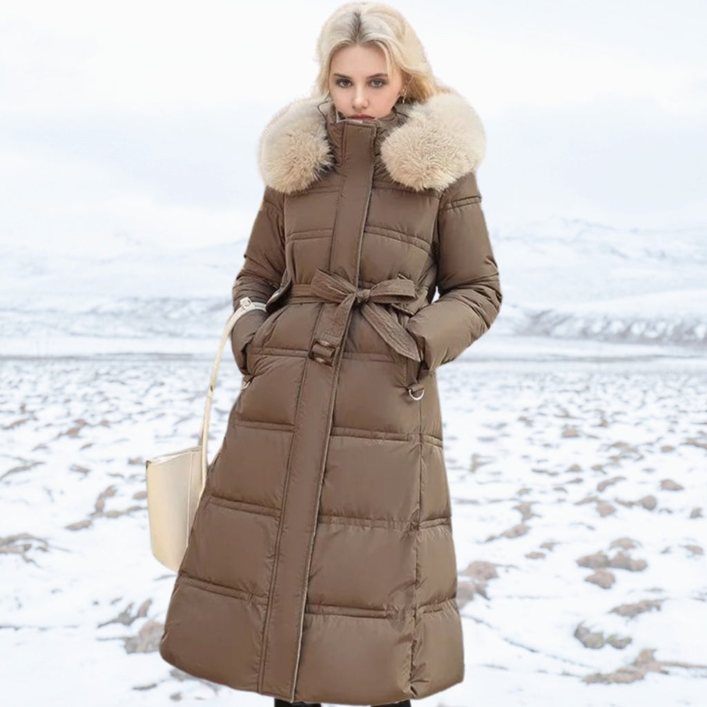 Women's Luxury Fur-Hood Long Puffer Winter Parka - Brown and Beige