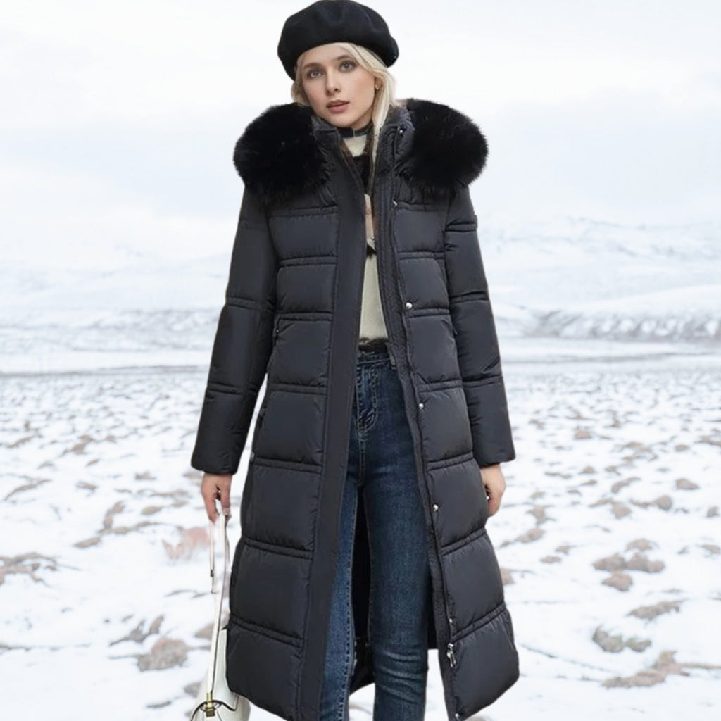 Women's Luxury Fur-Hood Long Puffer Winter Parka - Black