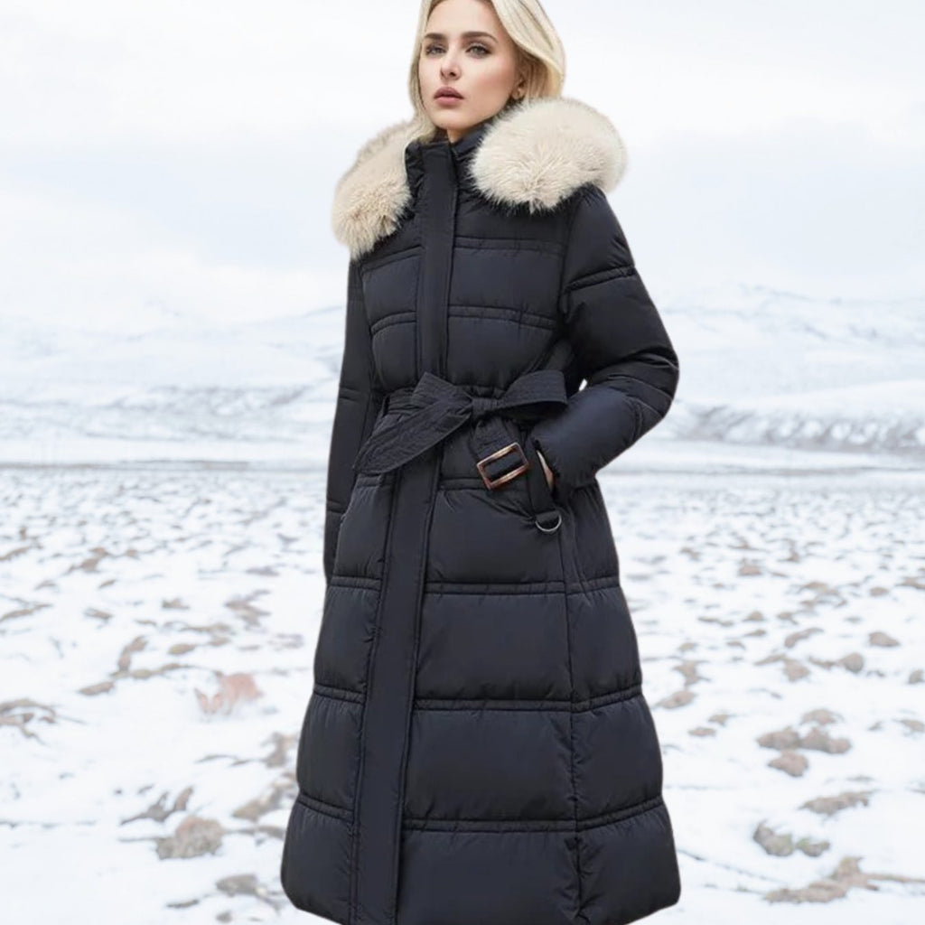 Women's Luxury Fur-Hood Long Puffer Winter Parka - Black and White