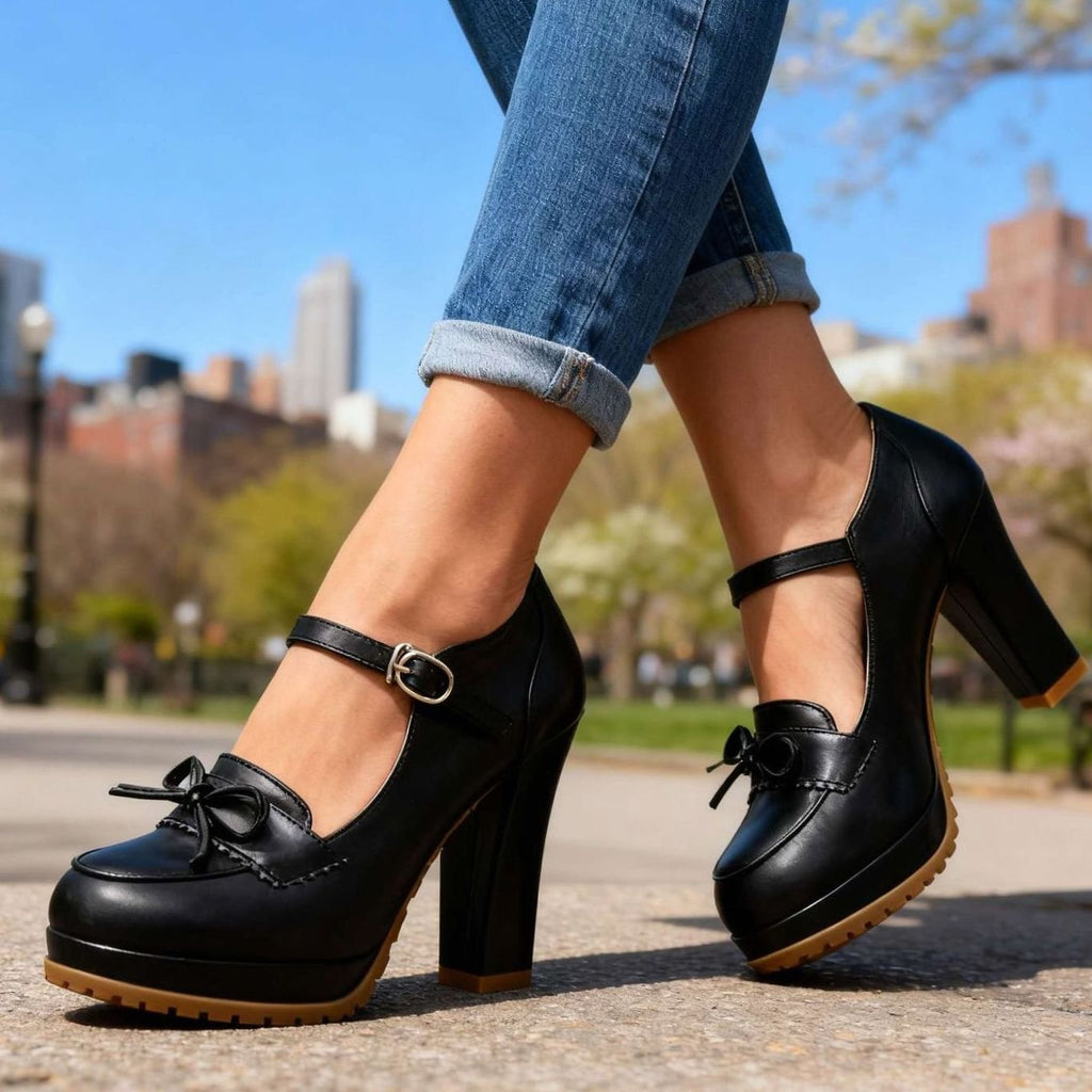 Women's Mary Jane Block Heel Bow Platform Pumps