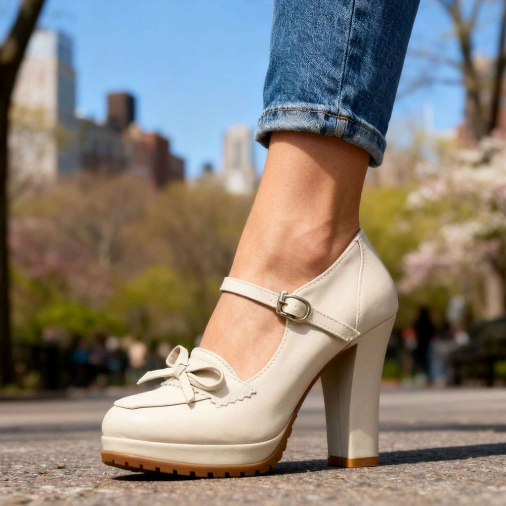 Women's Mary Jane Block Heel Bow Platform Pumps