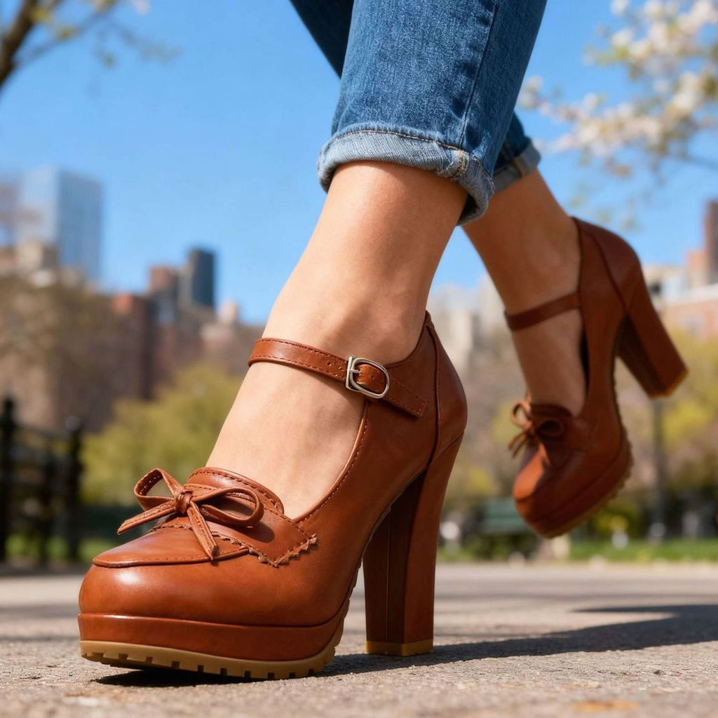 Women's Mary Jane Block Heel Bow Platform Pumps
