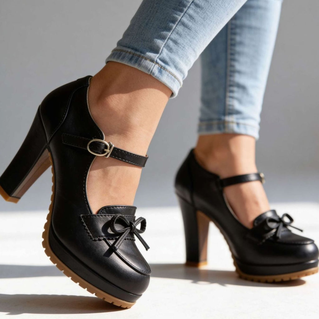 Women's Mary Jane Block Heel Bow Platform Pumps - Black