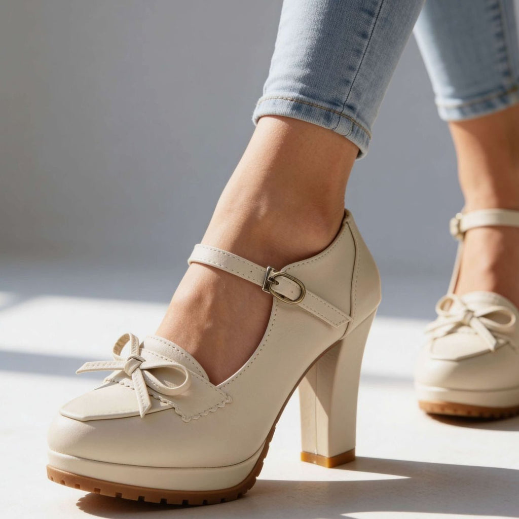 Women's Mary Jane Block Heel Bow Platform Pumps - Cream