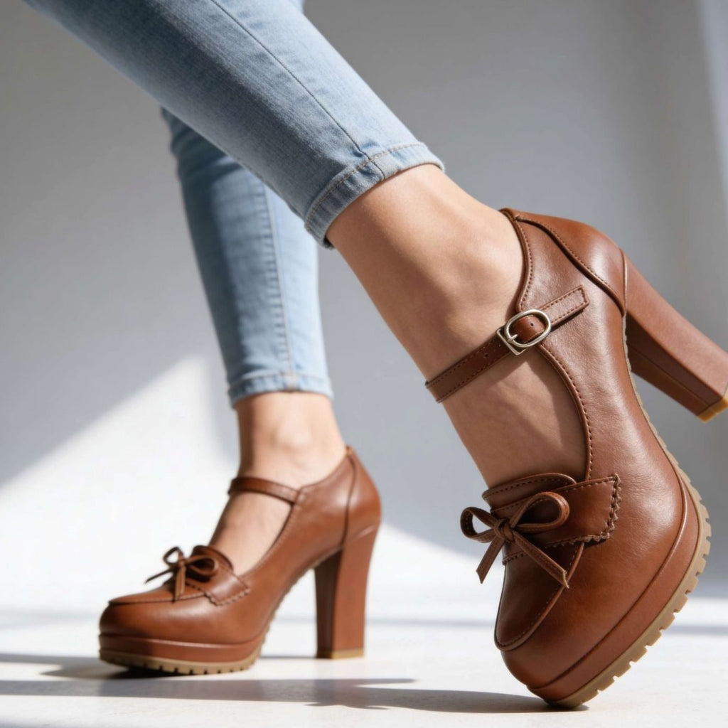 Women's Mary Jane Block Heel Bow Platform Pumps - Brown