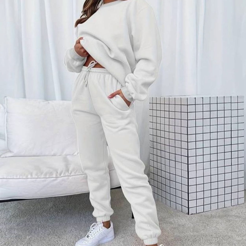Women's Matching Sweatshirt Jogger Set Relaxed-Fit Drawstring Two-Piece - White