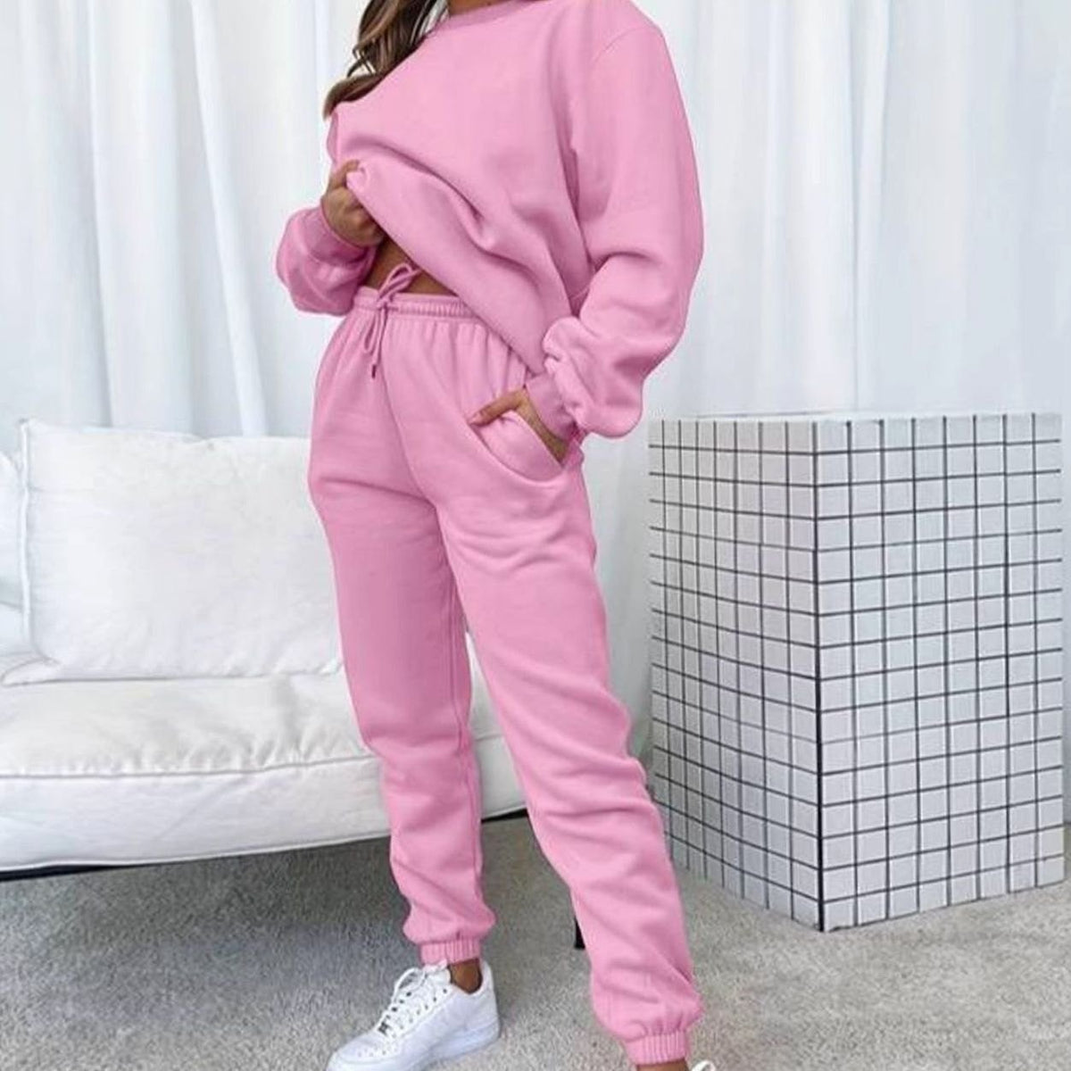 Women's Matching Sweatshirt Jogger Set Relaxed-Fit Drawstring Two-Piece - Pink