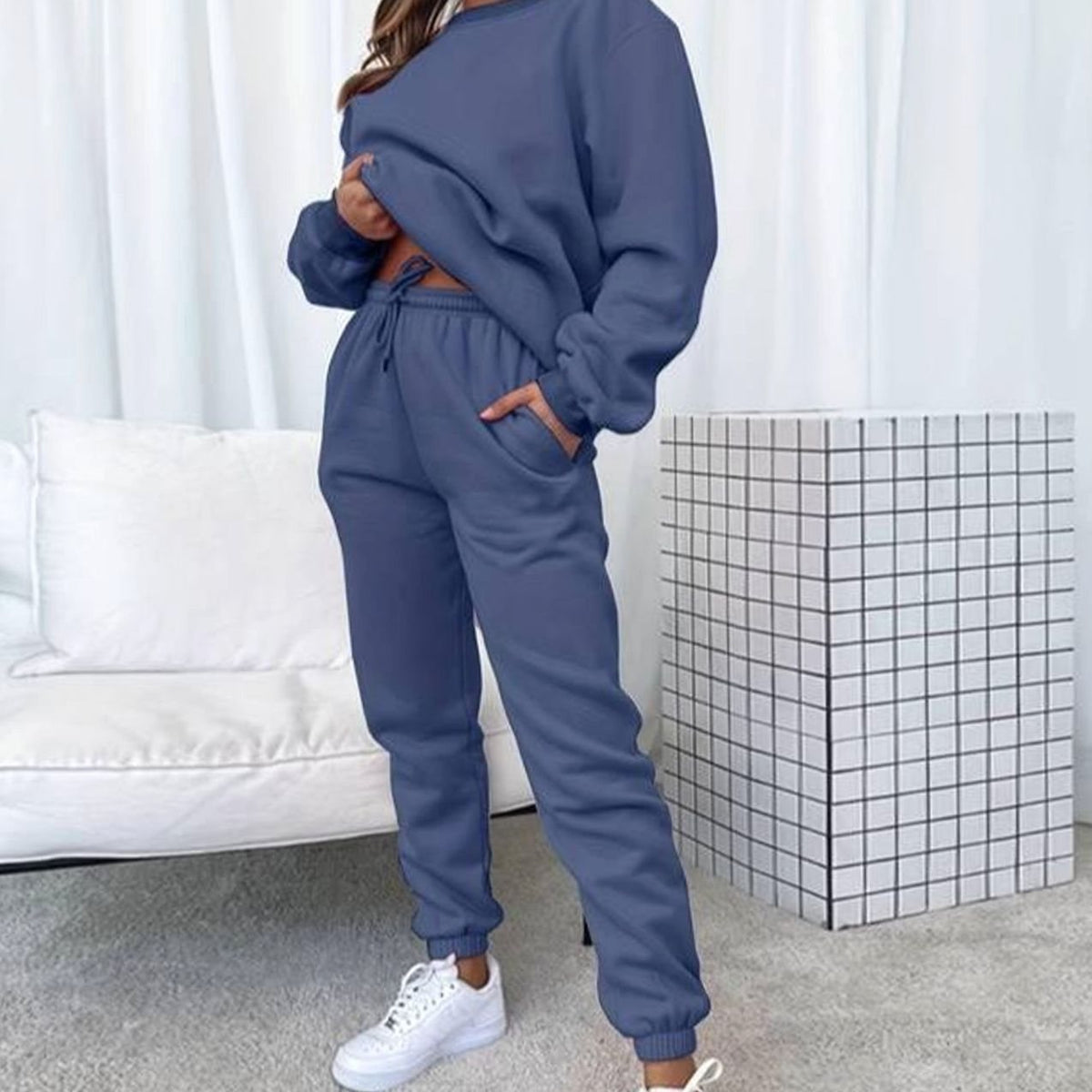 Women's Matching Sweatshirt Jogger Set Relaxed-Fit Drawstring Two-Piece - Dark Blue