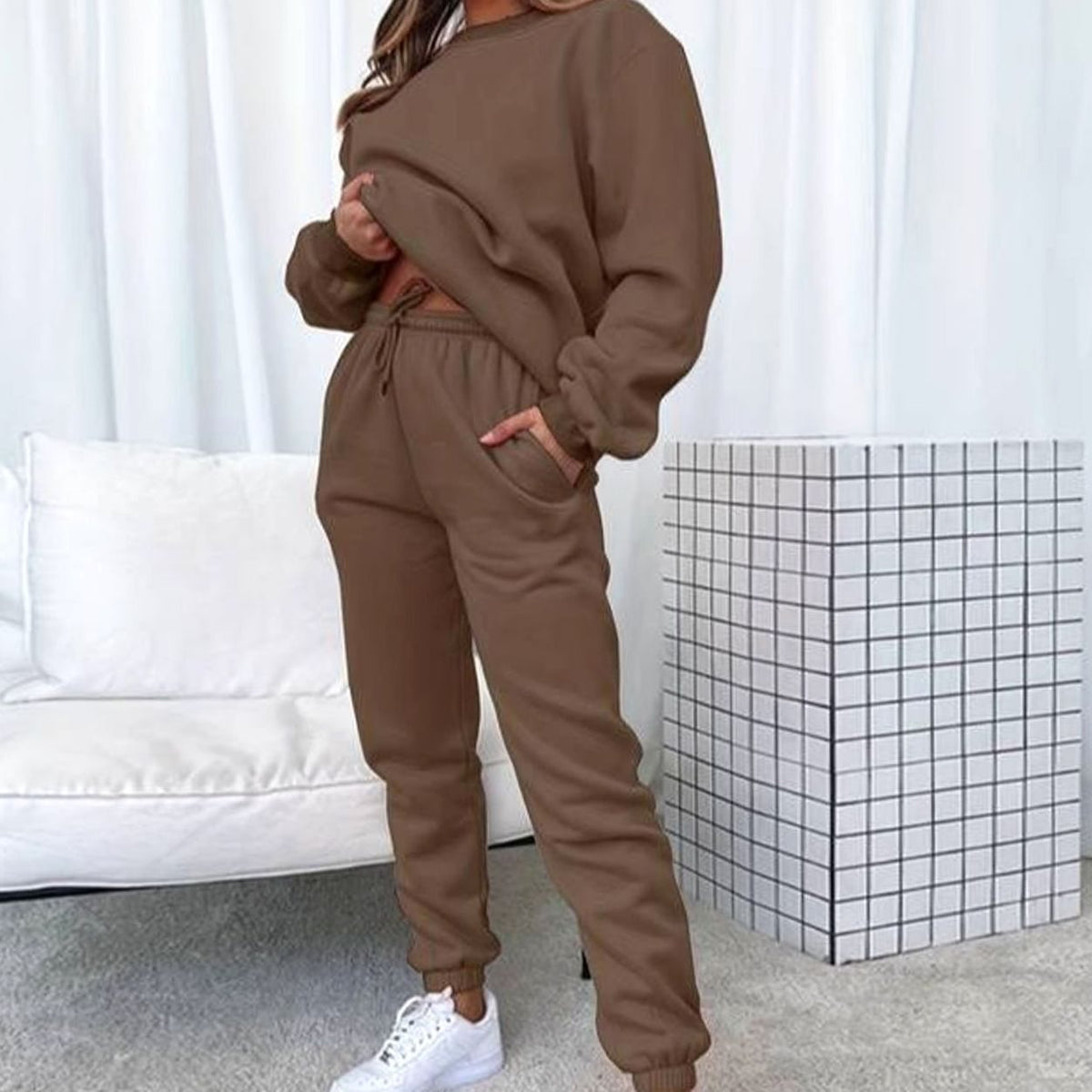 Women's Matching Sweatshirt Jogger Set Relaxed-Fit Drawstring Two-Piece - Brown
