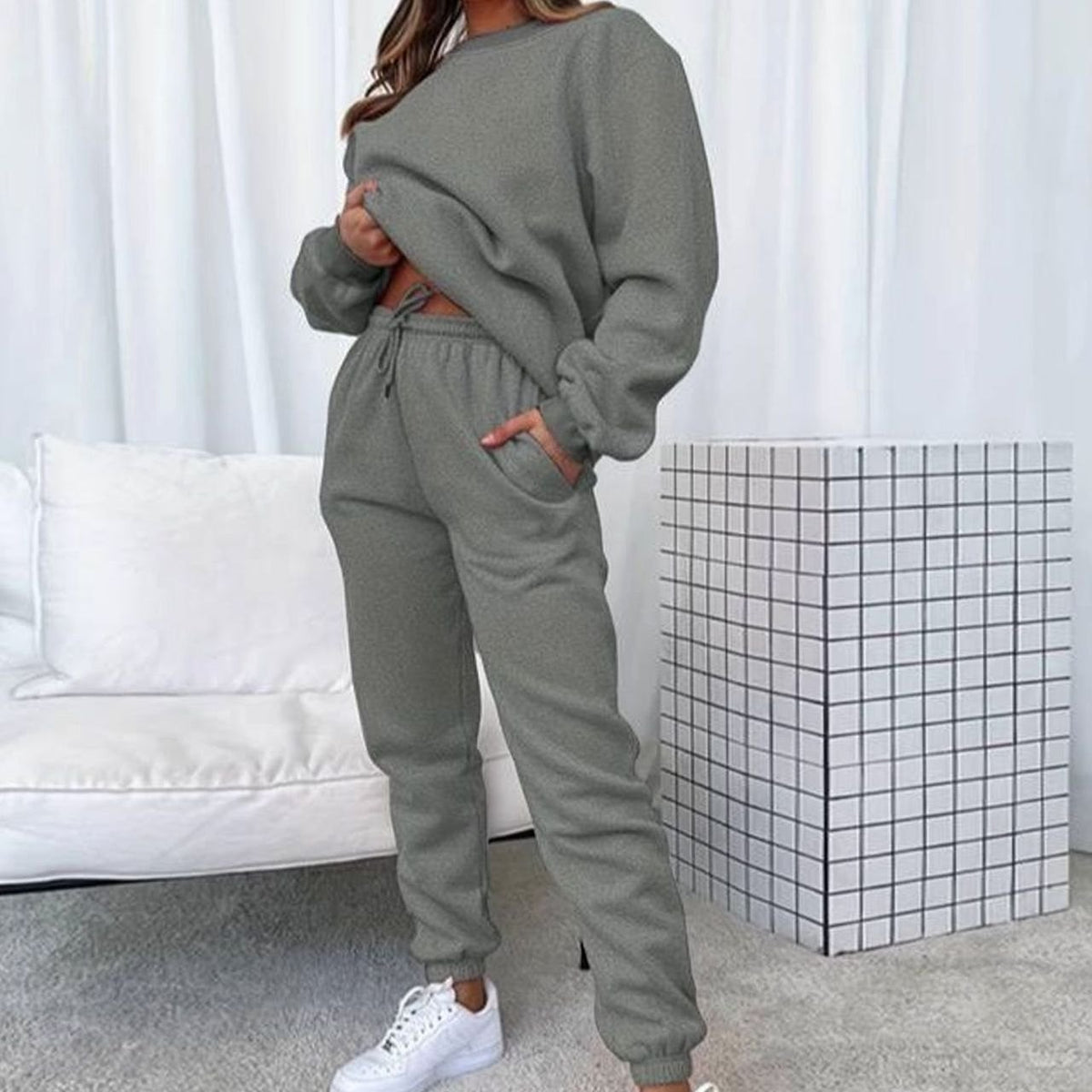 Women's Matching Sweatshirt Jogger Set Relaxed-Fit Drawstring Two-Piece - Grey