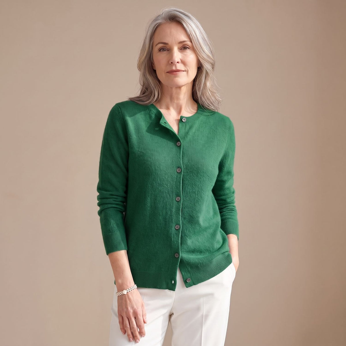 Women's Merino Wool Cashmere Button-Front Knit Cardigan - Dark Green
