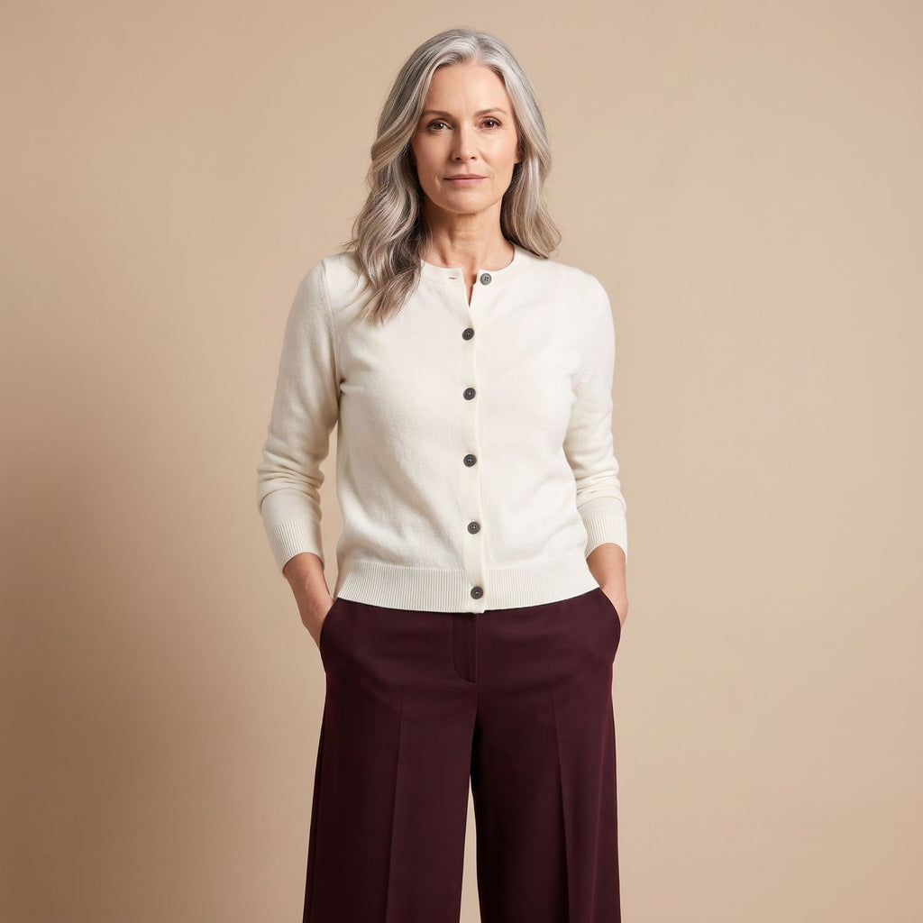 Women's Merino Wool Cashmere Button-Front Knit Cardigan - White