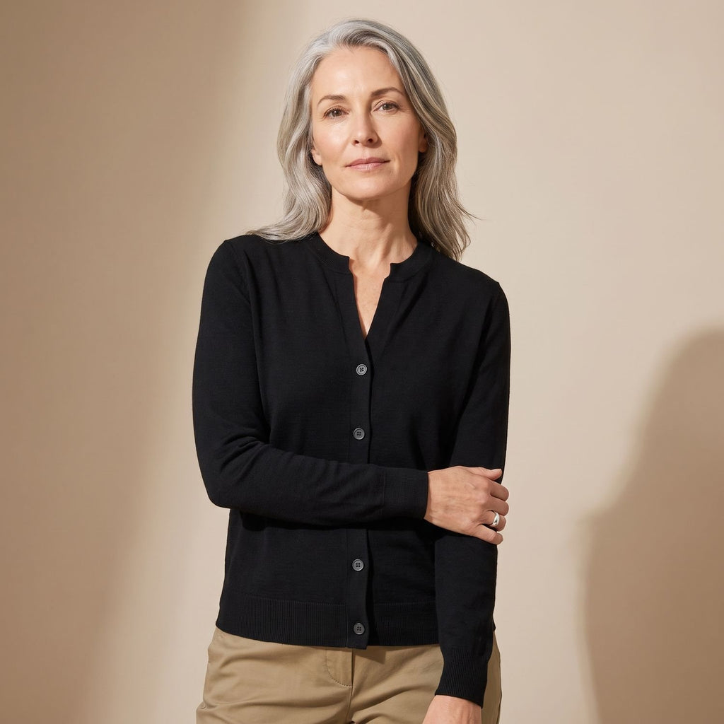 Women's Merino Wool Cashmere Button-Front Knit Cardigan - Black