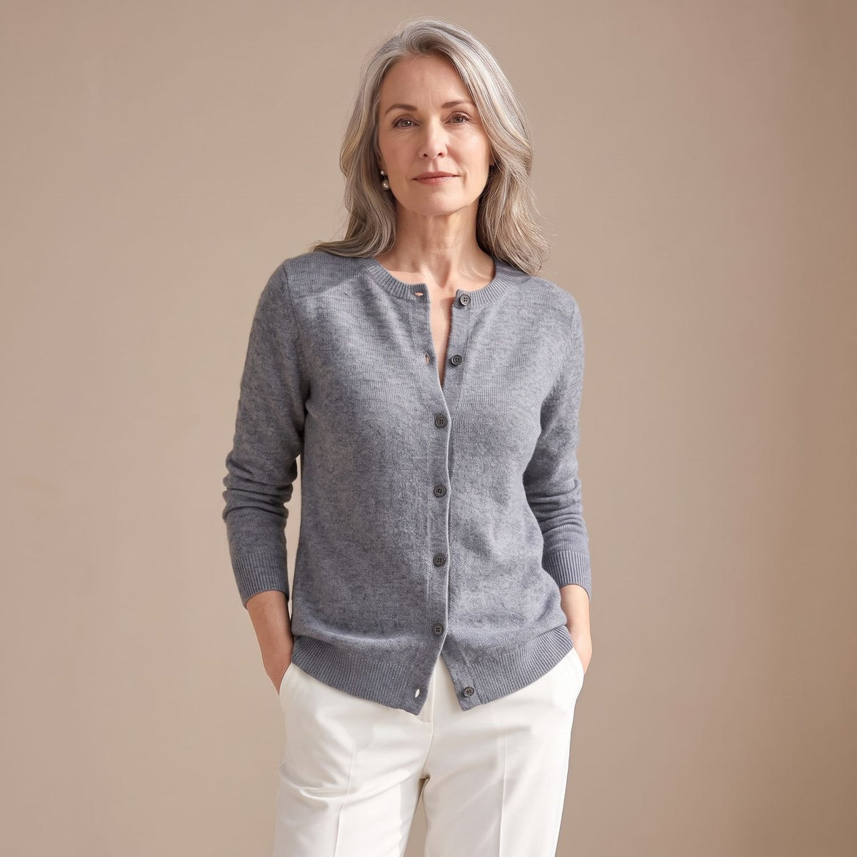 Women's Merino Wool Cashmere Button-Front Knit Cardigan - Grey
