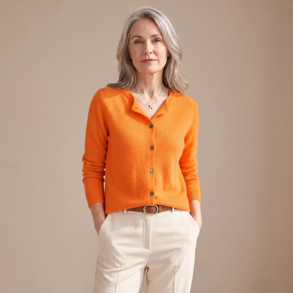 Women's Merino Wool Cashmere Button-Front Knit Cardigan - Orange