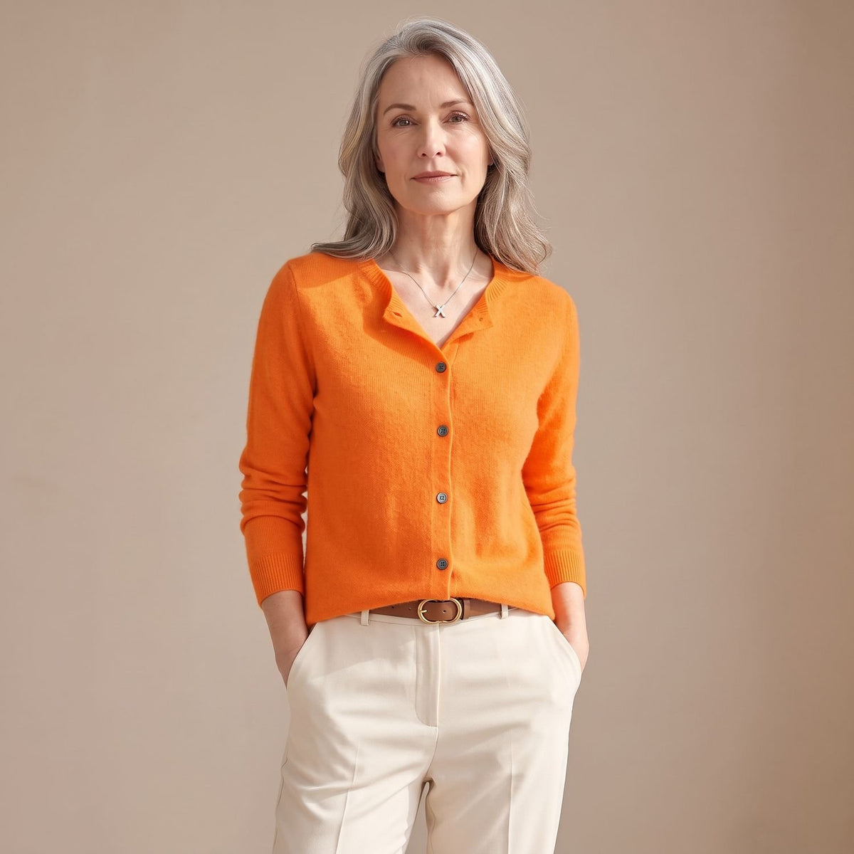 Women's Merino Wool Cashmere Button-Front Knit Cardigan - Orange