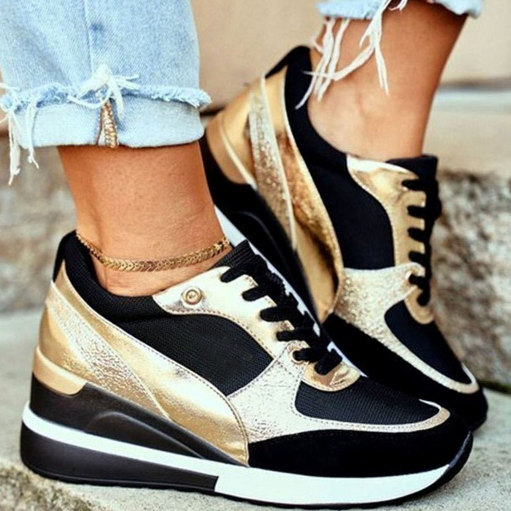 Women's Metallic Colorblock Lace-Up Wedge Trendy Sneakers - Gold