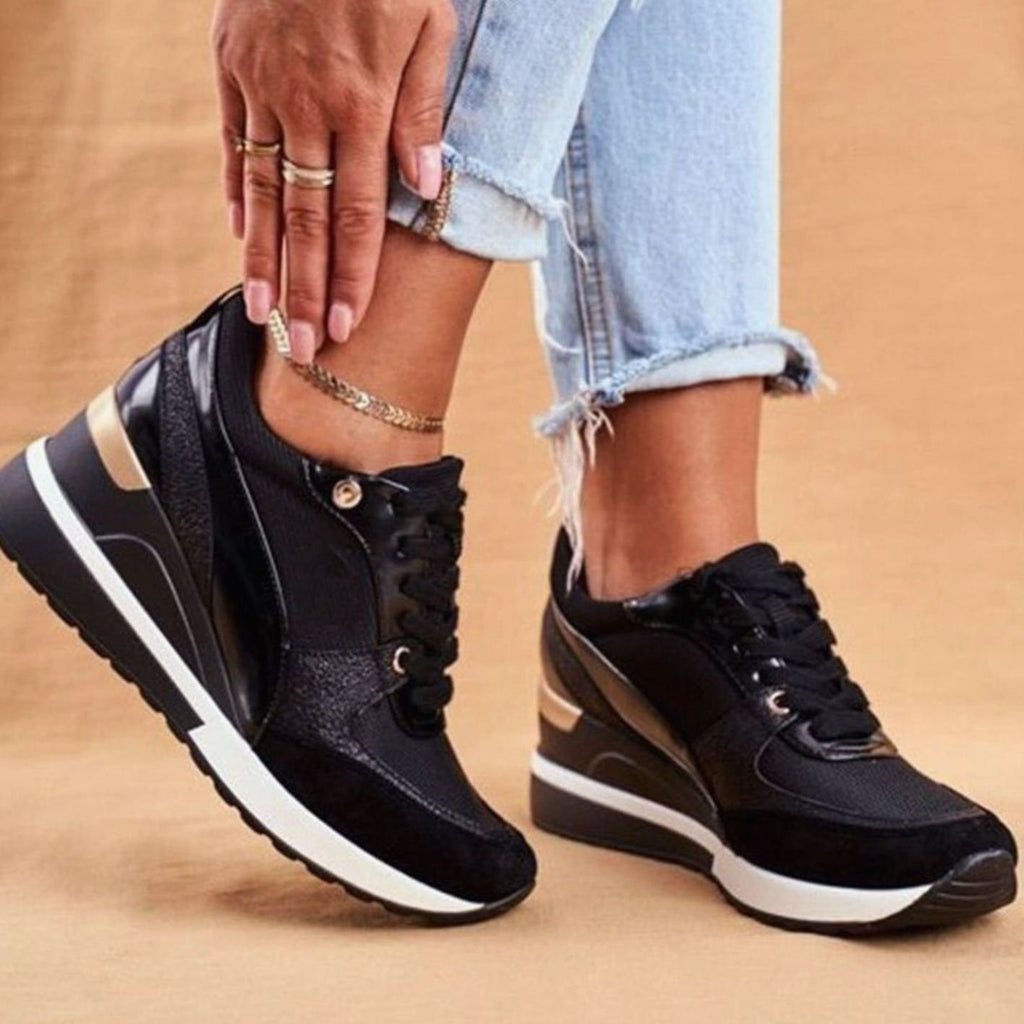 Women's Metallic Colorblock Lace-Up Wedge Trendy Sneakers - Black