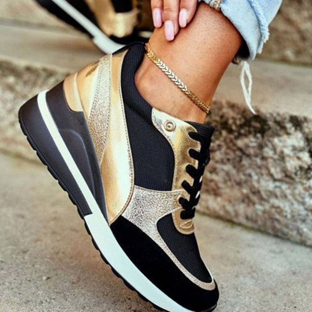 Women's Metallic Colorblock Lace-Up Wedge Trendy Sneakers