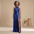 Women's Metallic Pleated Halter-Neck Backless Maxi Dress - Blue