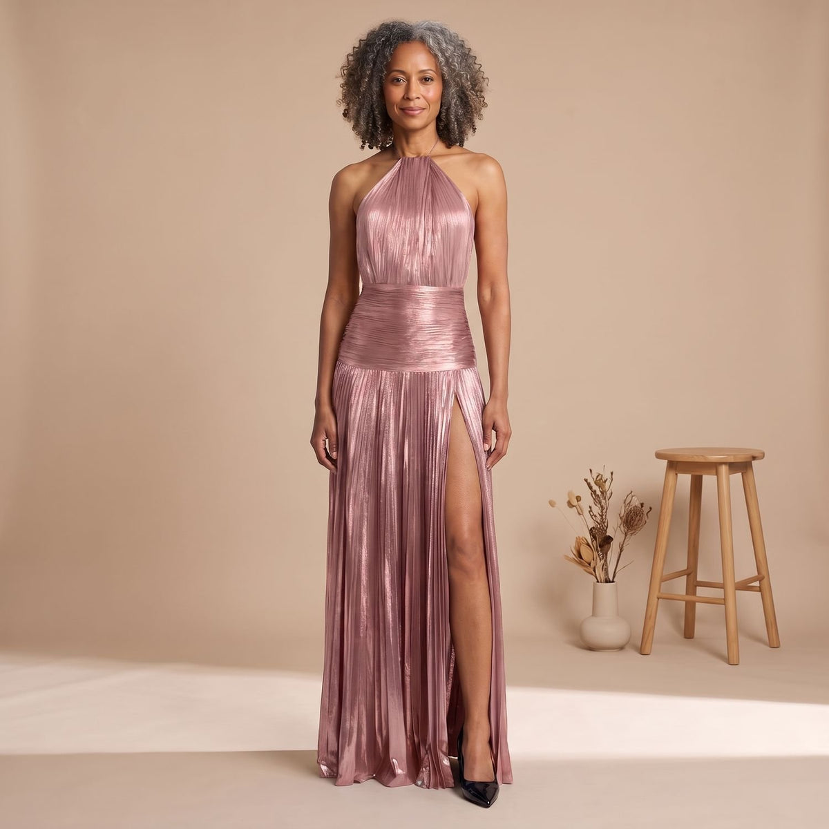 Women's Metallic Pleated Halter-Neck Backless Maxi Dress - Pink
