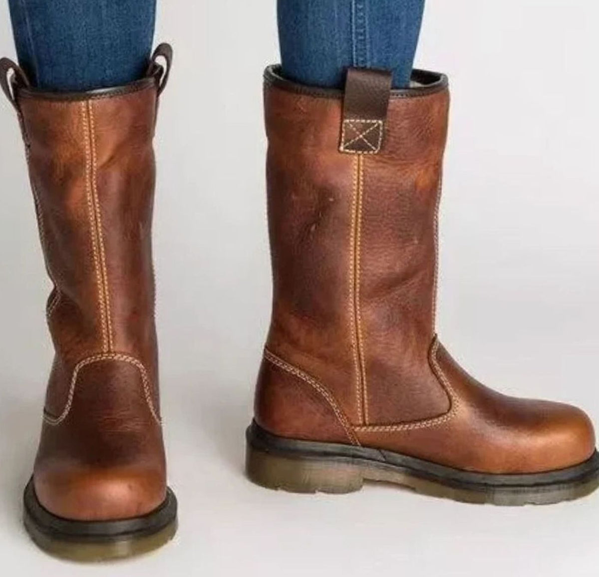 Women's Mid-Calf Pull-On Lined Leather Boots Round Toe - Brown